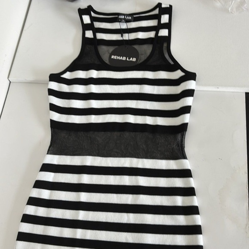 NWT Mesh Panel Dress M Y2K Black White Striped Bodycon Festival Streetwear Glam - Picture 16 of 16